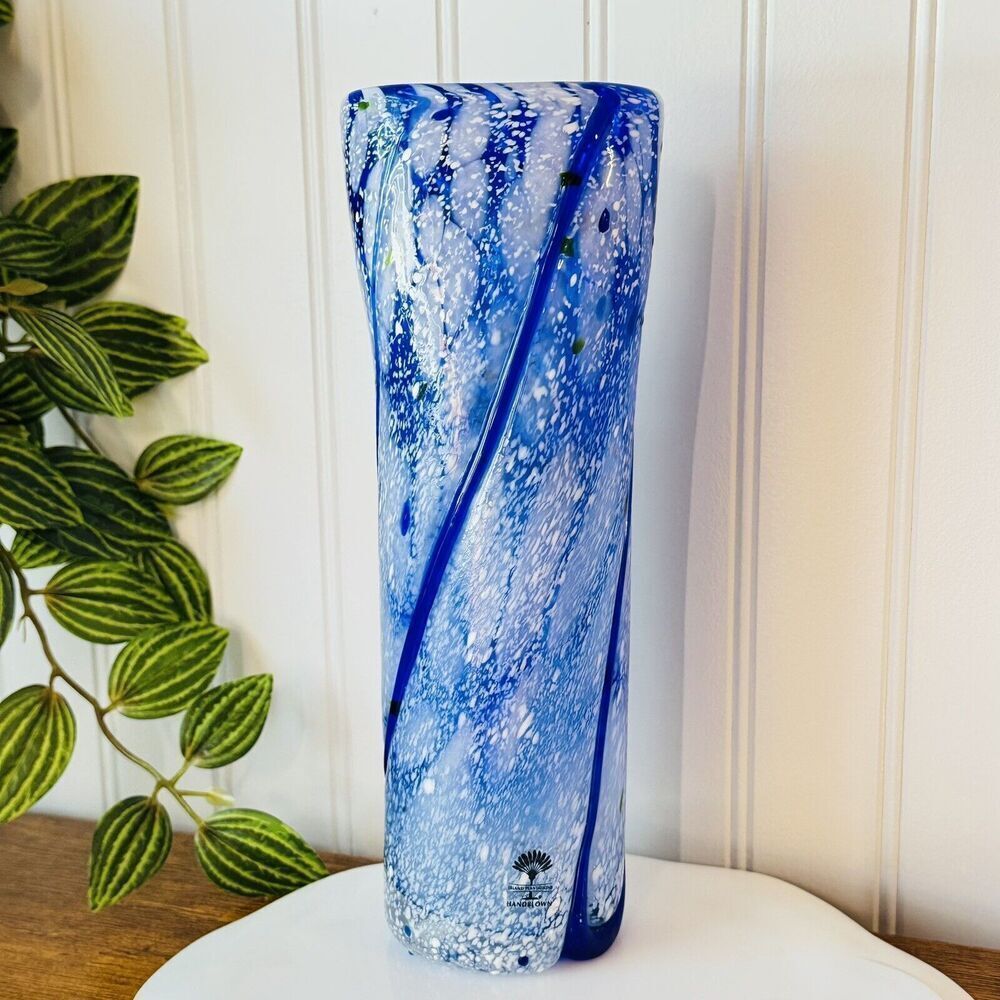 Vintage Island Plantations Art Glass Vase Hand Blown Ocean Waves Swirl Speckled
